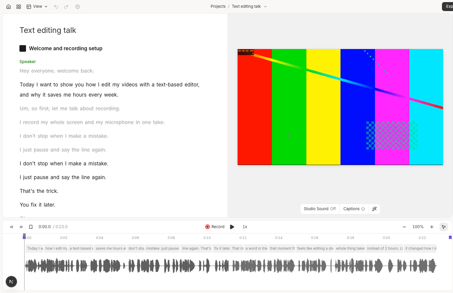 The Recut editor: the script on the left with cut sentences struck through, the video on the right, the timeline below