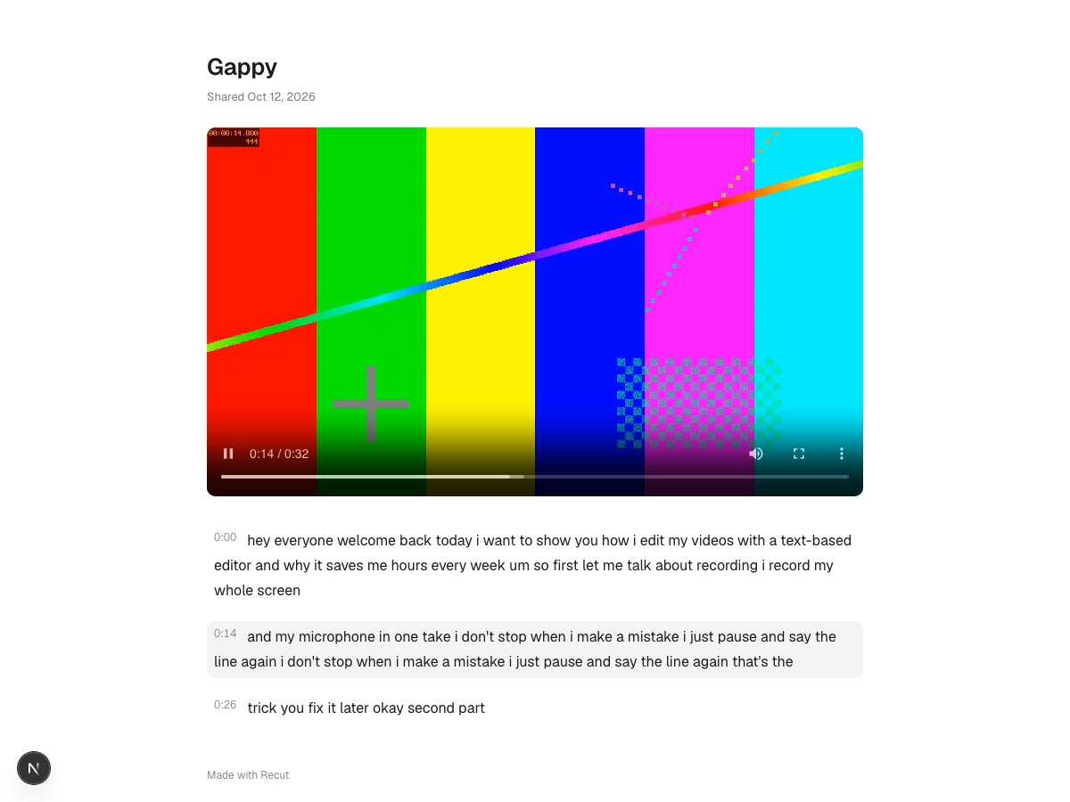 A share page with the video and its transcript